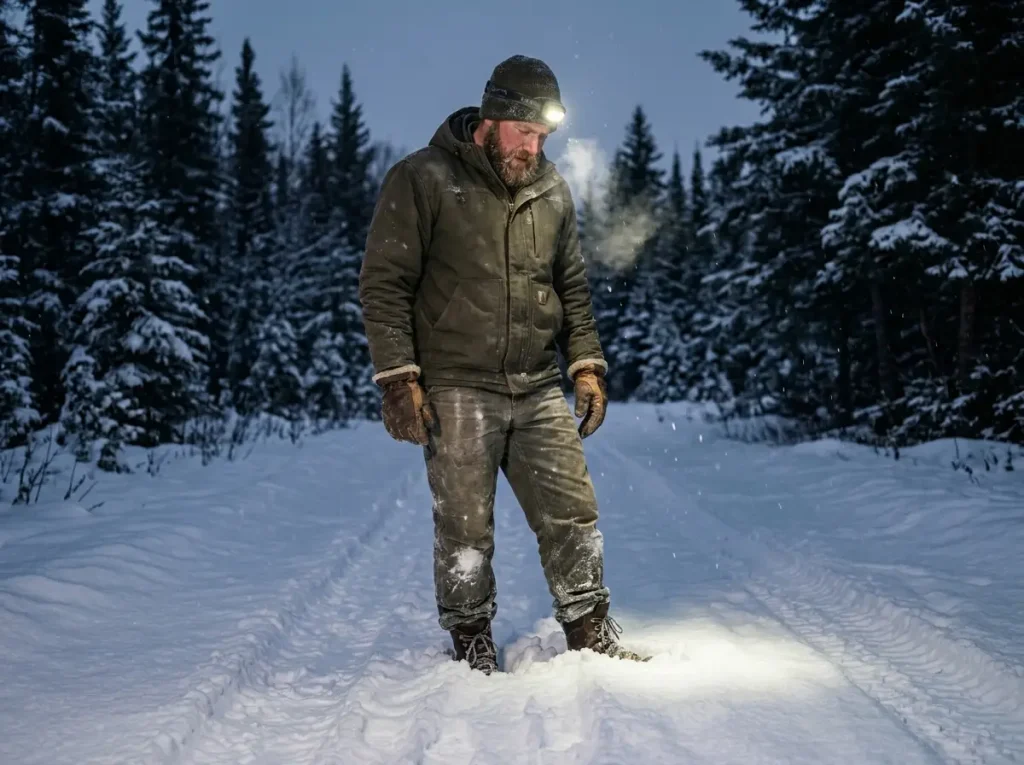 Hiker in winter terrain looking at steel toe boots in sub-zero temperature conditions