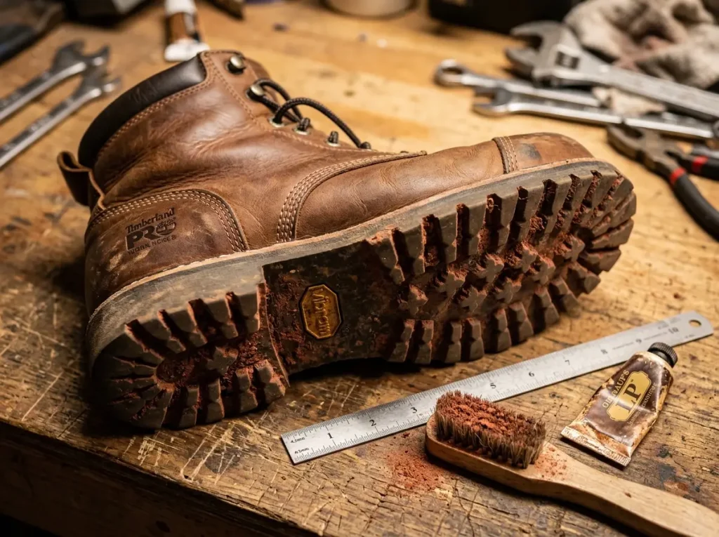Close-up of Timberland PRO steel toe work hiker boot outsole and toe cap construction detail