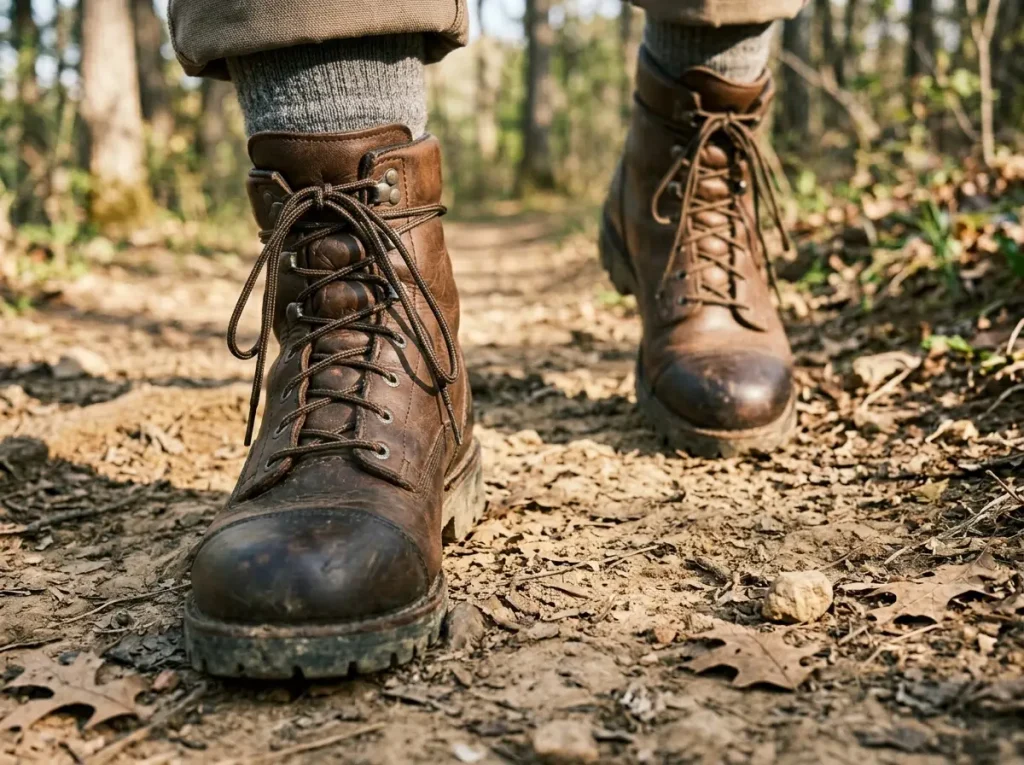 Danner steel toe work hiking boots on a dirt trail showing break-in wear pattern