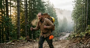 Steel Toe Hiking Boots Field-Tested for Trail Use Construction worker hiking a rocky logging trail in KEEN Utility steel toe boots at dawn