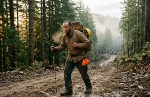 Steel Toe Hiking Boots Field-Tested for Trail Use Construction worker hiking a rocky logging trail in KEEN Utility steel toe boots at dawn