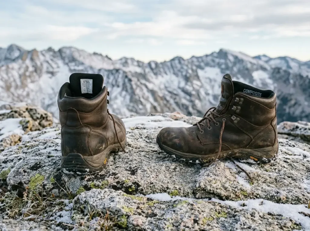 Side-by-side Merrell steel toe and composite toe boot soles on rocky mountain terrain