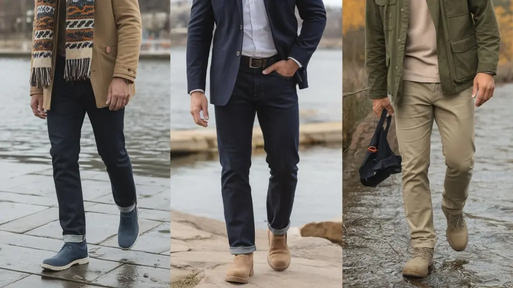 Man wearing waterproof shoes styled with various outfits, illustrating how to incorporate them into your wardrobe.