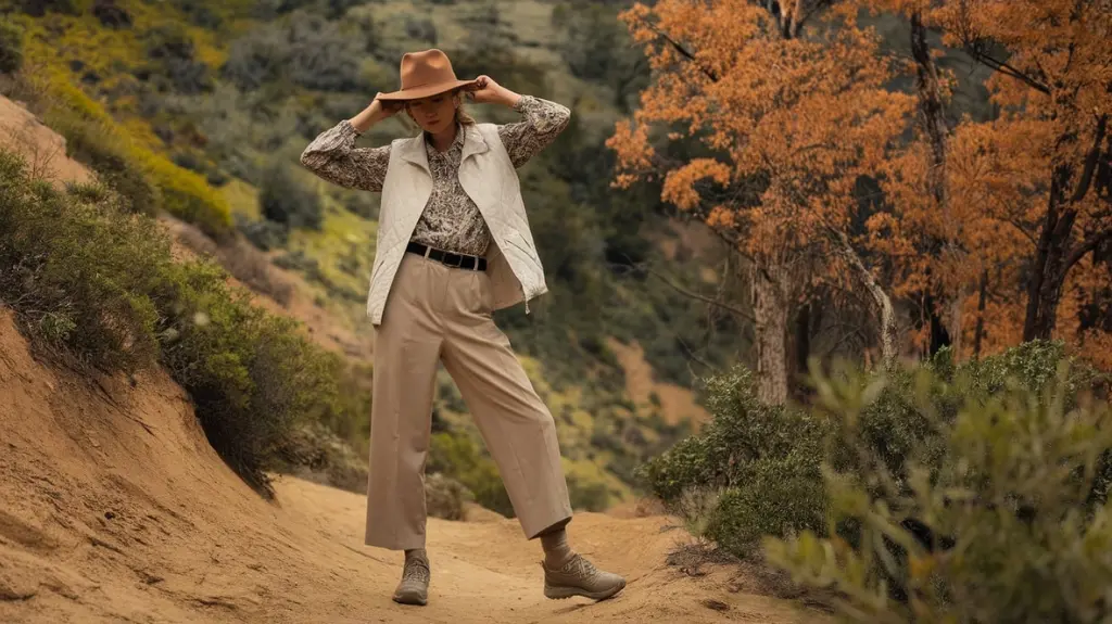 A fashionable hiker showcasing a stylish hiking hat on a scenic trail, blending style with outdoor functionality.