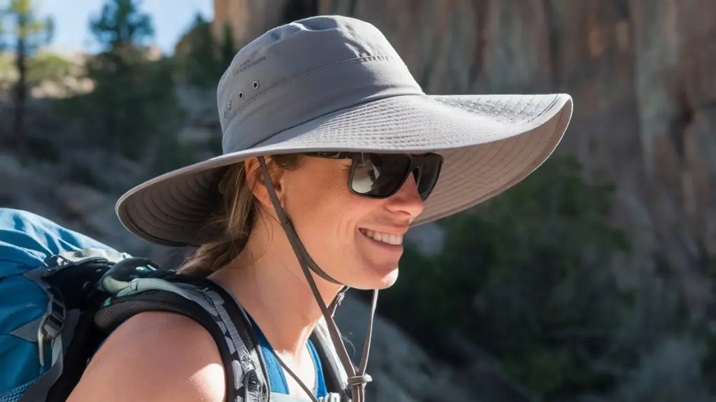 A hiker wearing a wide-brimmed hat under the sun, demonstrating the sun protection function of hiking hats.