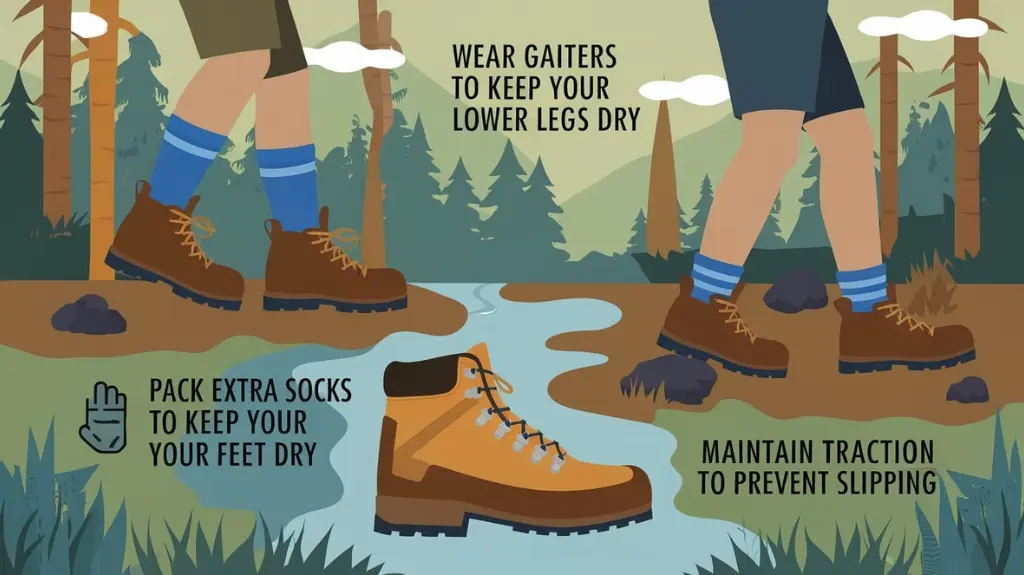 Infographic with tips for hiking in wet conditions, including wearing gaiters and maintaining traction.