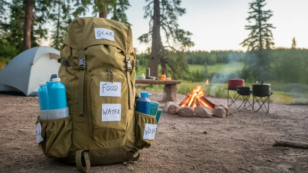 Neatly packed hiking pack with labeled compartments for gear and food, illustrating efficient packing tips.