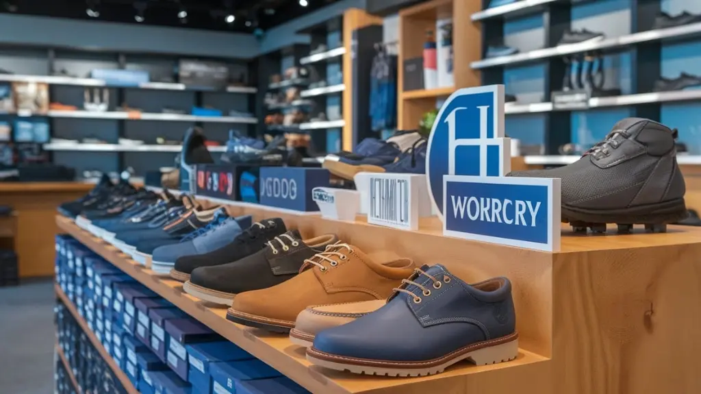 Display of popular brands in men's waterproof footwear, showcasing logos and best-selling models in a shoe store.