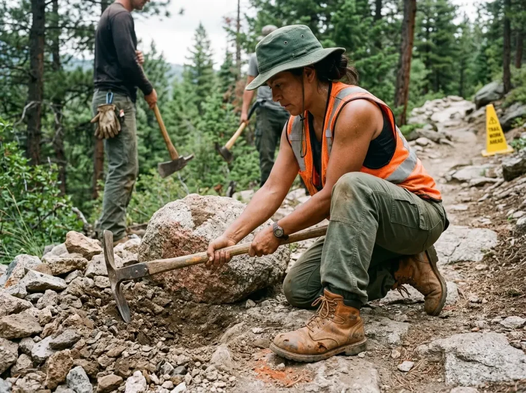 Trail maintenance crew member using a heavy tool on a rocky trail section wearing safety toe boots