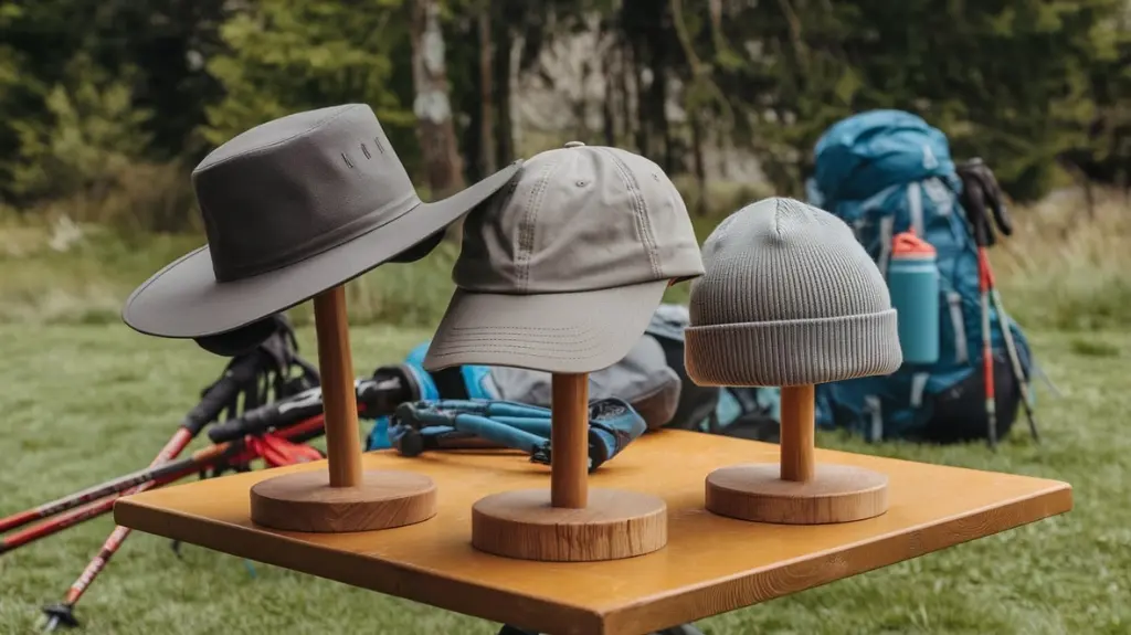 A collage of various hiking hats including wide-brimmed hats, caps, and beanies, showcasing the diversity of headwear for outdoor activities.