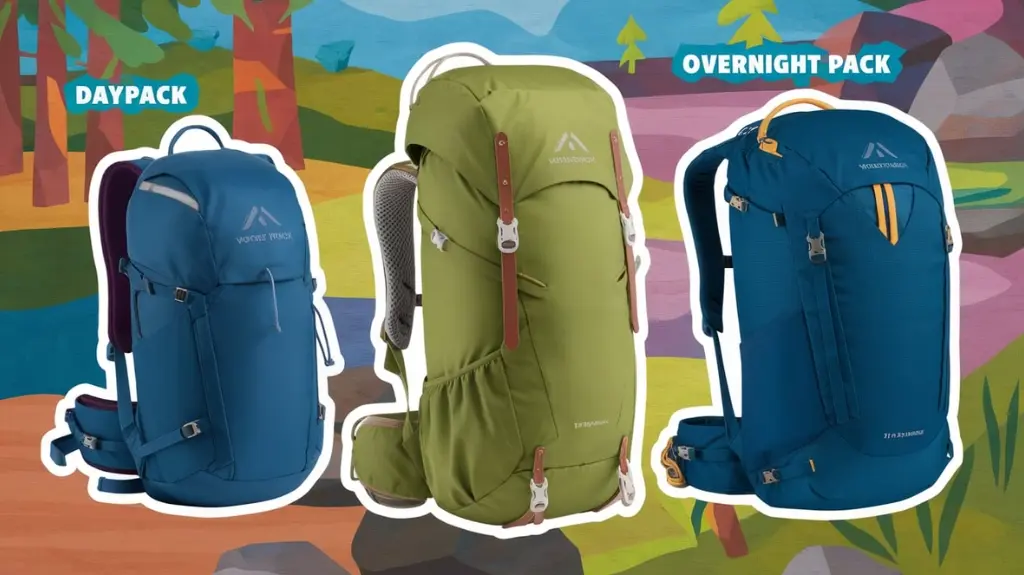 Collage of different types of women's hiking packs, including daypacks and overnight packs, illustrating their uses.