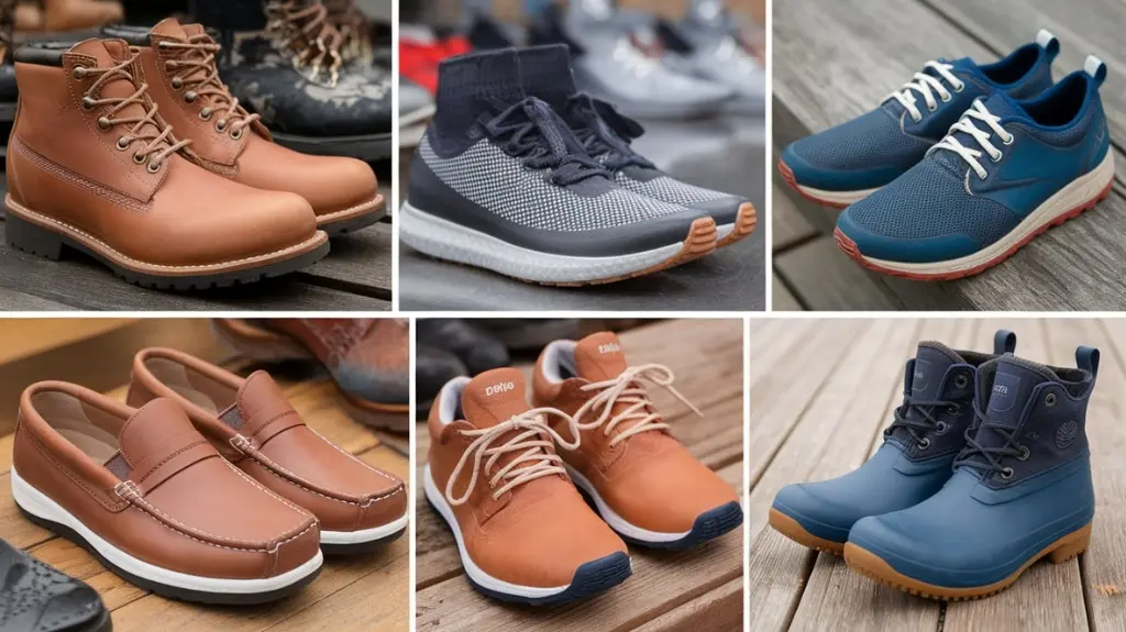 Collage of different types of men's waterproof shoes, including boots, sneakers, and slip-ons for various activities.