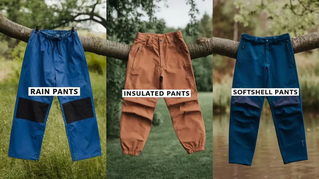 Collage of different types of weatherproof pants, including rain pants and insulated pants.