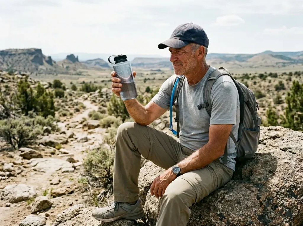 Hiker comparing a water bottle and a hydration pack hose during a break on a rocky trail