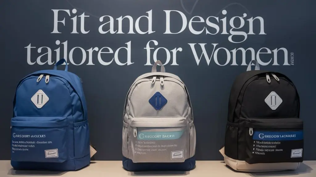 Display of women-specific Gregory backpacks, showcasing features tailored for female hikers.