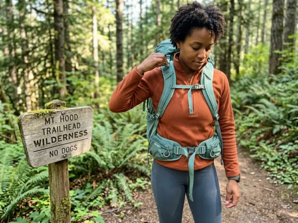 Close fit of a women's hiking backpack harness with S-curved straps on a female hiker