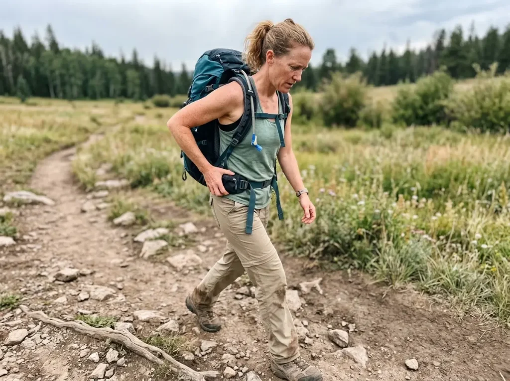 Hiker doing a loaded fit test, walking with a weighted women's hiking backpack