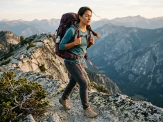 Best Women’s Hiking Backpack for Your Body Type Woman hiking a ridgeline wearing a fitted women's hiking backpack at golden hour