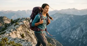 Best Women’s Hiking Backpack for Your Body Type Woman hiking a ridgeline wearing a fitted women's hiking backpack at golden hour