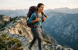 Best Women’s Hiking Backpack for Your Body Type Woman hiking a ridgeline wearing a fitted women's hiking backpack at golden hour