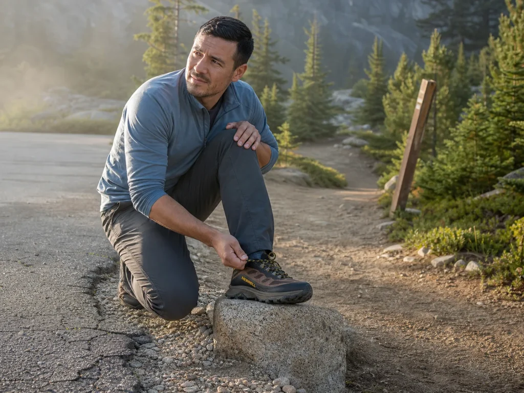 Hiker lacing a low-cut Merrell Moab Speed walking sneaker at the edge of a dirt trail