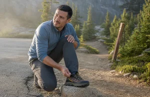 Why Most Walking Sneakers for Hiking Are Road Shoes Hiker lacing a low-cut Merrell Moab Speed walking sneaker at the edge of a dirt trail