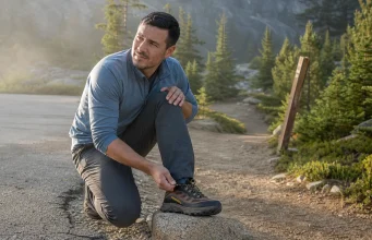 Why Most Walking Sneakers for Hiking Are Road Shoes Hiker lacing a low-cut Merrell Moab Speed walking sneaker at the edge of a dirt trail