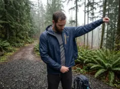Best Men’s Waterproof Rain Jacket for Every Budget Hiker pulling on a men's waterproof rain jacket at a wet trailhead under grey skies