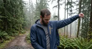 Best Men’s Waterproof Rain Jacket for Every Budget Hiker pulling on a men's waterproof rain jacket at a wet trailhead under grey skies
