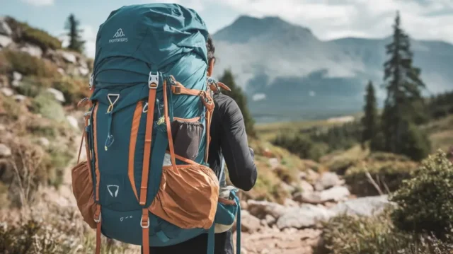 A backpacker on a scenic mountain trail wearing a high-quality backpack designed for travel and adventure.