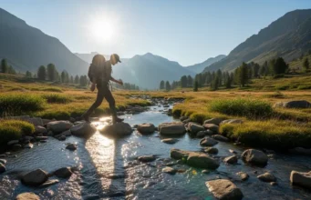 Best Backpacking Shoes 2025: Field-Tested Picks for Every Terrain A hiker wearing a backpack carefully steps on rocks to cross a mountain stream on a sunny day.