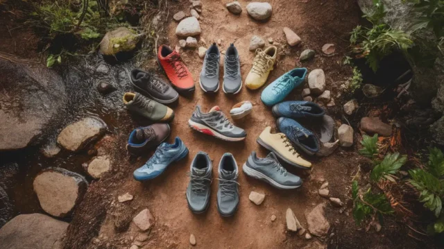 Selection of various backpacking shoes on a trail, showcasing options for different hiking environments and terrains.