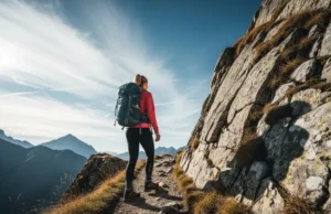 2025 Female Walking Boots: Trail-Tested Picks Ranked A full-body shot of a woman in hiking gear walking up a rocky, sunlit mountain path.