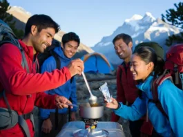 Diverse hikers prepare easy, high-energy meals on a compact stove at a scenic campsite, showcasing efficient camping meals for hikes.