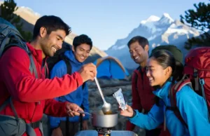 Fuel Your Hike: Easy, High-Energy Camping Meals Diverse hikers prepare easy, high-energy meals on a compact stove at a scenic campsite, showcasing efficient camping meals for hikes.