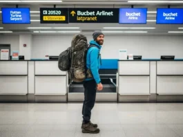 A full-body shot of a hiker wearing trail clothes and a large, muddy backpacking pack at an airport check-in counter.