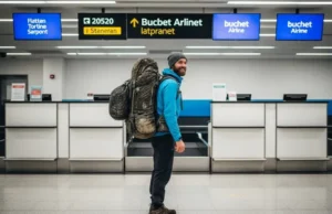 Trail-to-Town Score: Best Backpack for Travel and Hiking 2025 A full-body shot of a hiker wearing trail clothes and a large, muddy backpacking pack at an airport check-in counter.