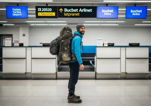 A full-body shot of a hiker wearing trail clothes and a large, muddy backpacking pack at an airport check-in counter.