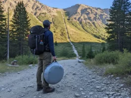 A full-body shot of a hiker standing at a trailhead, looking up a mountain trail while holding a bulky, disc-shaped pop-up tent.