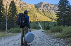 Pop Out Tent Hike Test: Models Ranked by Mileage A full-body shot of a hiker standing at a trailhead, looking up a mountain trail while holding a bulky, disc-shaped pop-up tent.