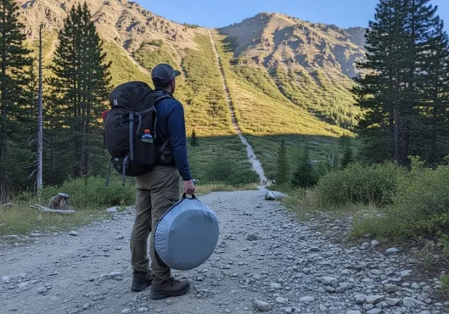 A full-body shot of a hiker standing at a trailhead, looking up a mountain trail while holding a bulky, disc-shaped pop-up tent.