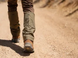 A hiker on a dusty trail wears mid-height gaiters, illustrating their function in preventing debris from entering boots, for a guide on hiking with gaiters.