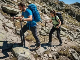 Two hikers in full hiking gear use lightweight trekking poles while ascending a rocky mountain trail under bright sun.