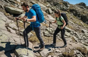 Lightweight Poles Ranked: A Cost-Per-Mile Field Test Two hikers in full hiking gear use lightweight trekking poles while ascending a rocky mountain trail under bright sun.