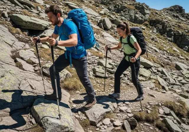 Two hikers in full hiking gear use lightweight trekking poles while ascending a rocky mountain trail under bright sun.