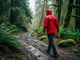 A full-body shot of a male hiker in a red waterproof rain jacket walking on a wet, misty forest trail.