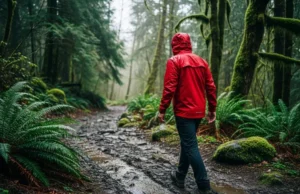 Best Men’s Waterproof Rain Jackets for Hiking: Field-Tested A full-body shot of a male hiker in a red waterproof rain jacket walking on a wet, misty forest trail.