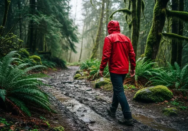 A full-body shot of a male hiker in a red waterproof rain jacket walking on a wet, misty forest trail.