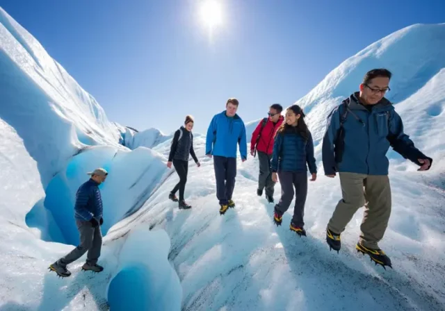 Diverse hikers with crampons walk on the textured blue ice of Perito Moreno Glacier, showcasing a guide to glacier walking tours.