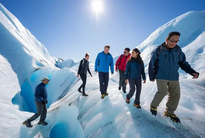 Diverse hikers with crampons walk on the textured blue ice of Perito Moreno Glacier, showcasing a guide to glacier walking tours.